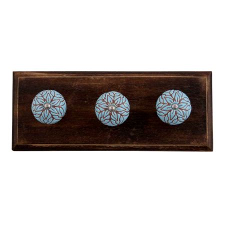Turquoise Amarylis Floral Etched Ceramic Wooden Hooks